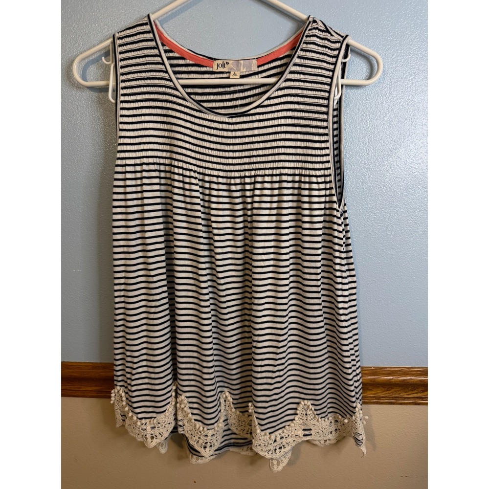 Jolt Womens Navy White Striped Smocked Tank Top Crochet Lace Trim NWT Size L